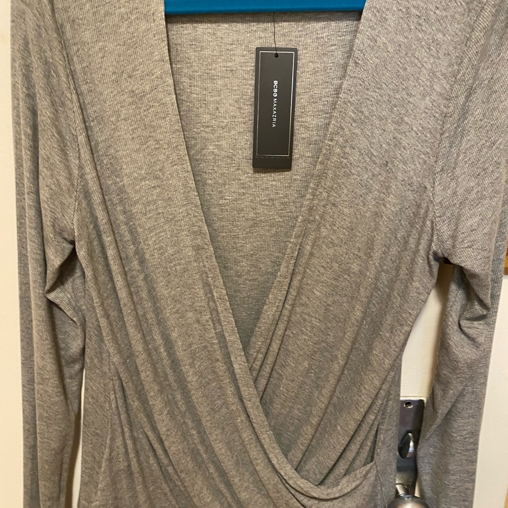 BCBG max azria long sleeve cross over shirt heather grey